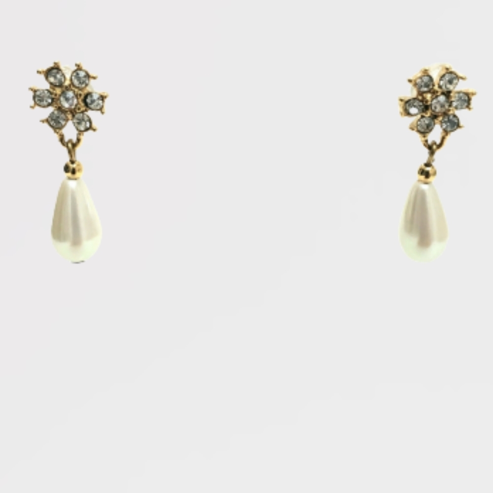 Pretty Floral Rhinestone Pearl Drop Post Earrings